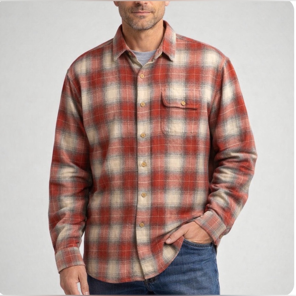 Vintage 90s Orvis Rust Cream Cotton Flannel Plaid Long Sleeve Shirt Men’s Size M